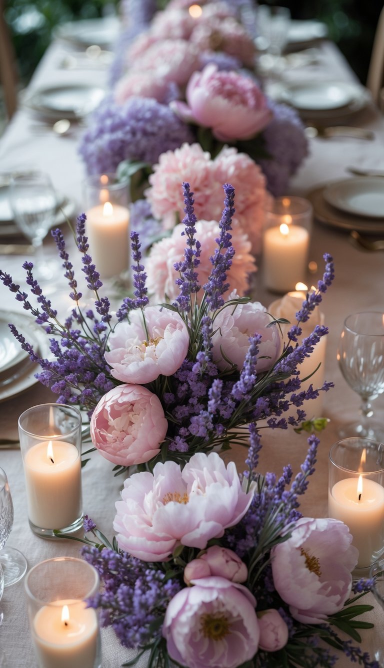 A beautifully arranged table with lavender and soft pink peony floral centerpieces, candles, and tableware, set for an event or holiday.