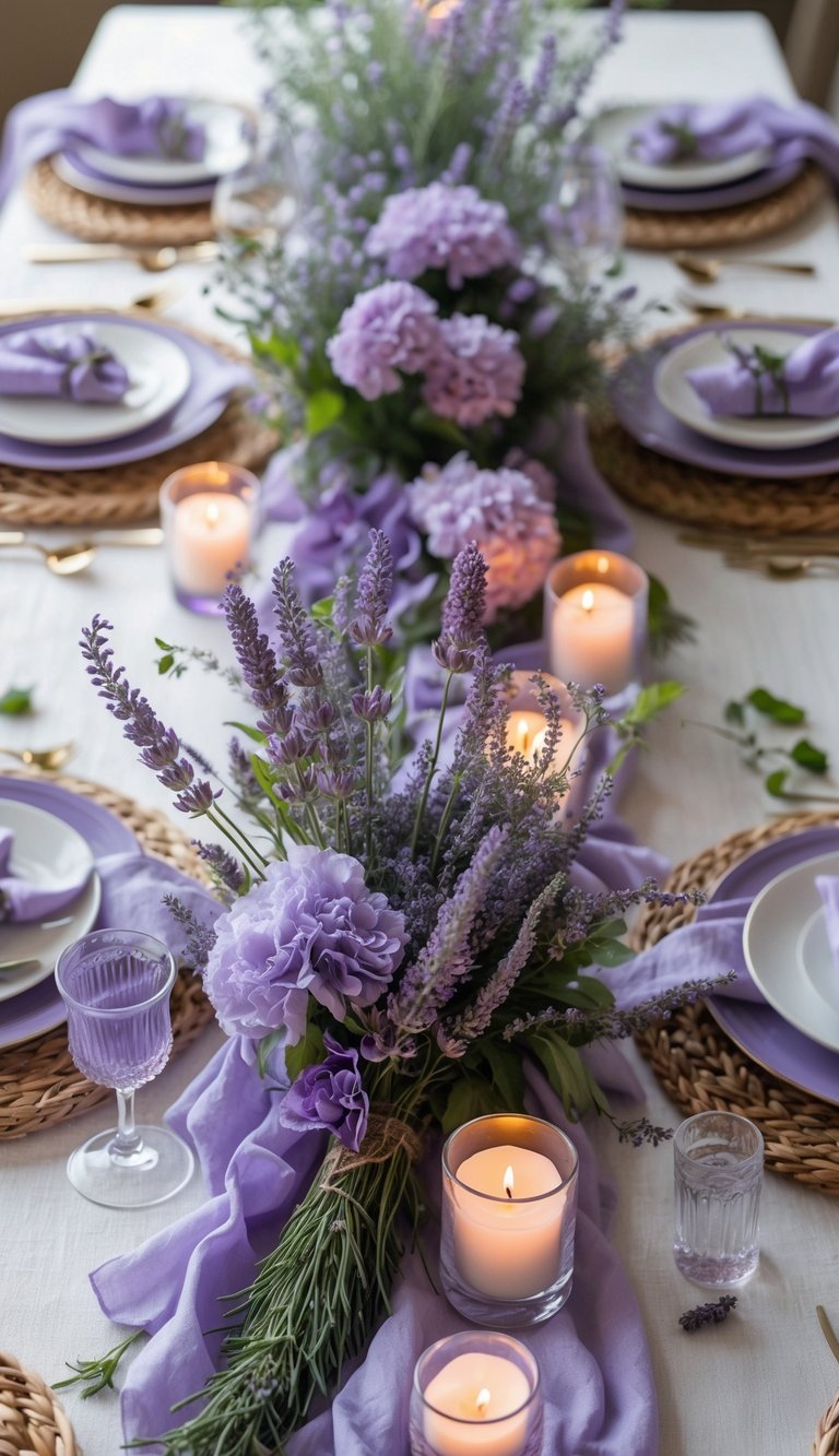 A full table setting featuring lavender-themed coasters, fresh lavender flowers, candles, and elegant tableware arranged for an event.