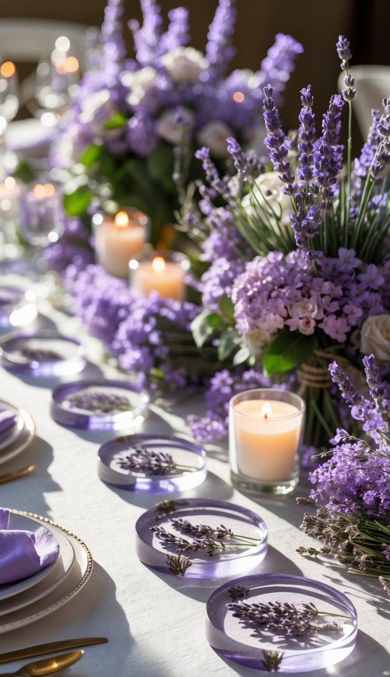 A full view of a table set with clear resin coasters containing lavender sprigs, floral centerpieces, and candles.