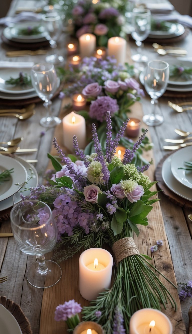 A rustic wooden table set with lavender floral centerpieces, candles, and tableware under natural light.