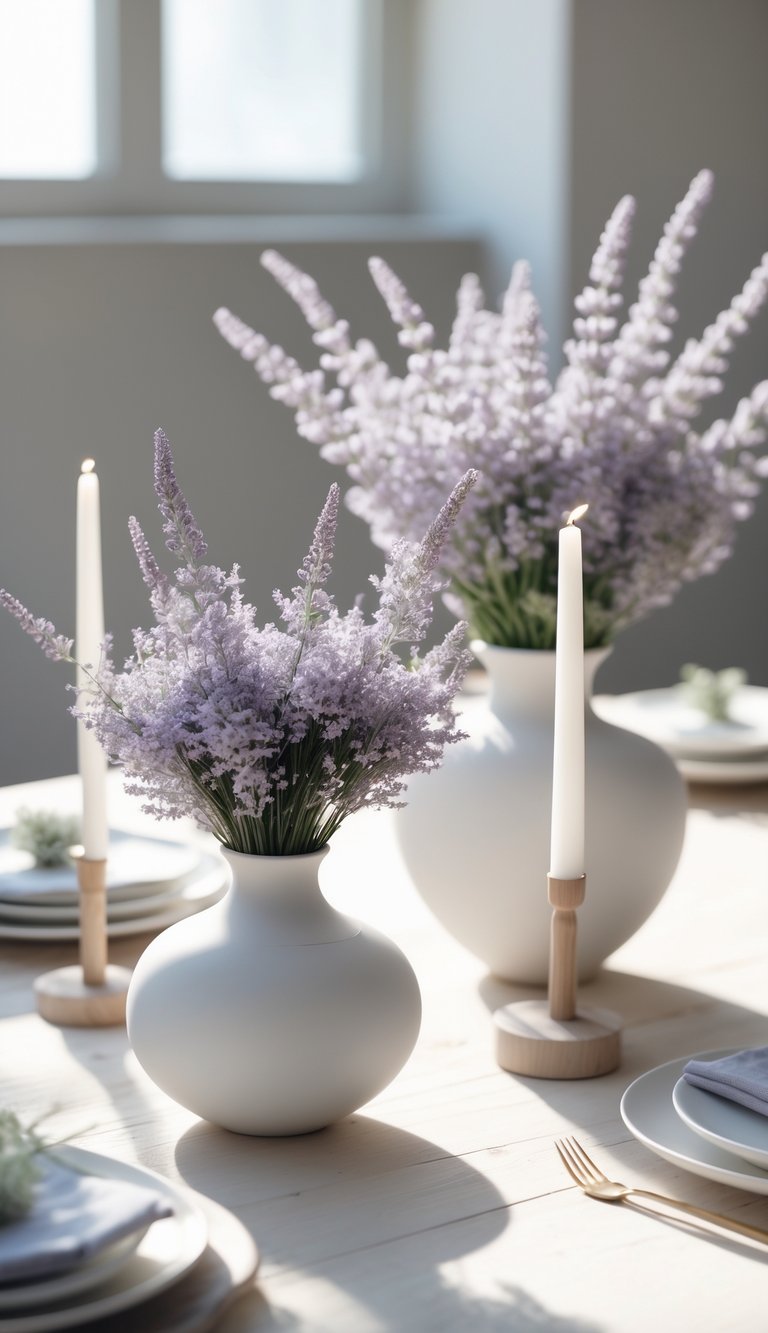 A full view of a table set with white ceramic vases holding lavender flowers and white candles, arranged neatly on a light-colored table with natural sunlight.