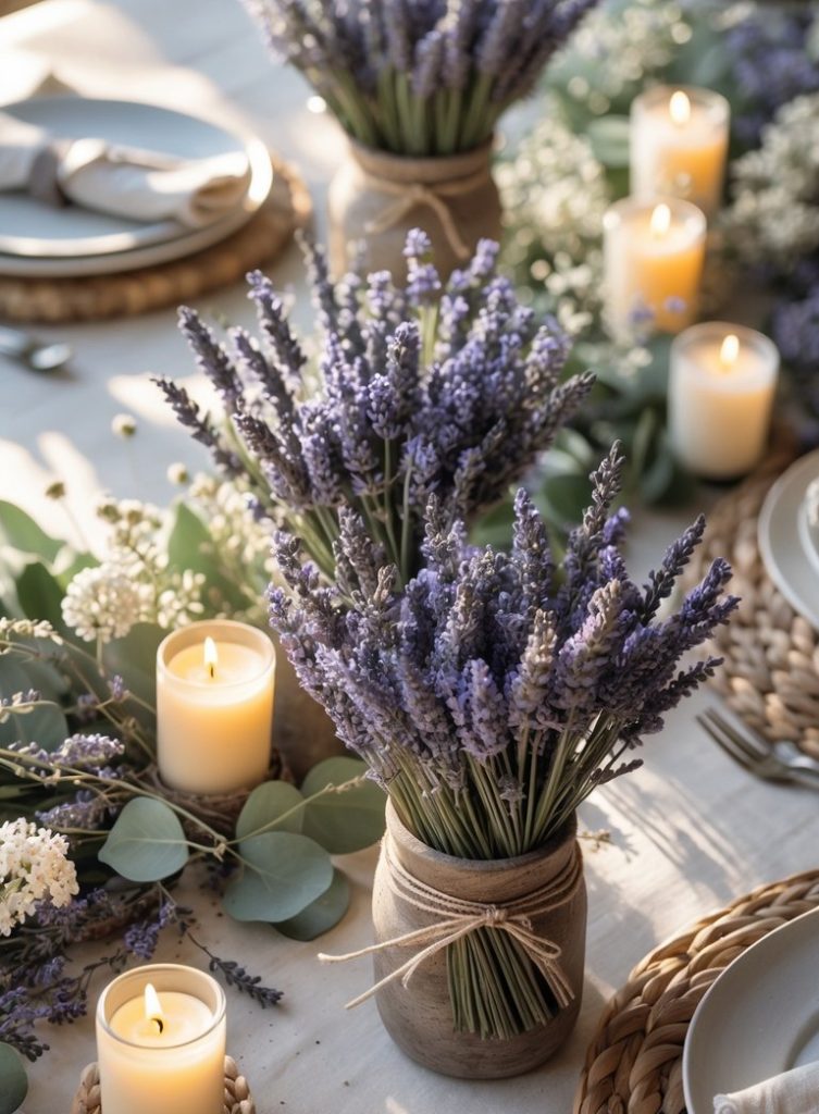 A table decorated with bundles of dried lavender in jars, surrounded by lit candles, plates, and cutlery, with a sign reading "DIY Dried Lavender Bundles for Events and Holidays.