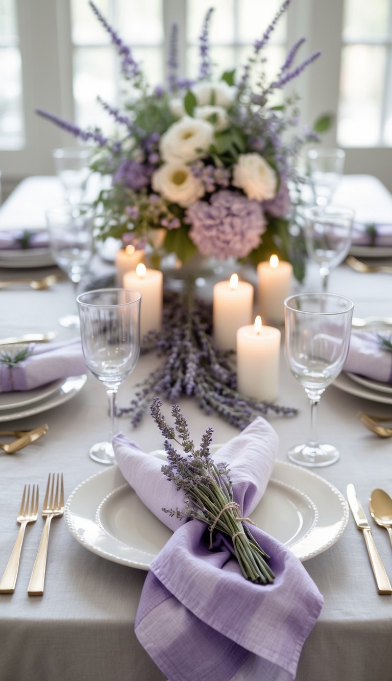 A beautifully arranged table set for an event with lavender ombré cotton napkins, floral centerpieces, and candles.