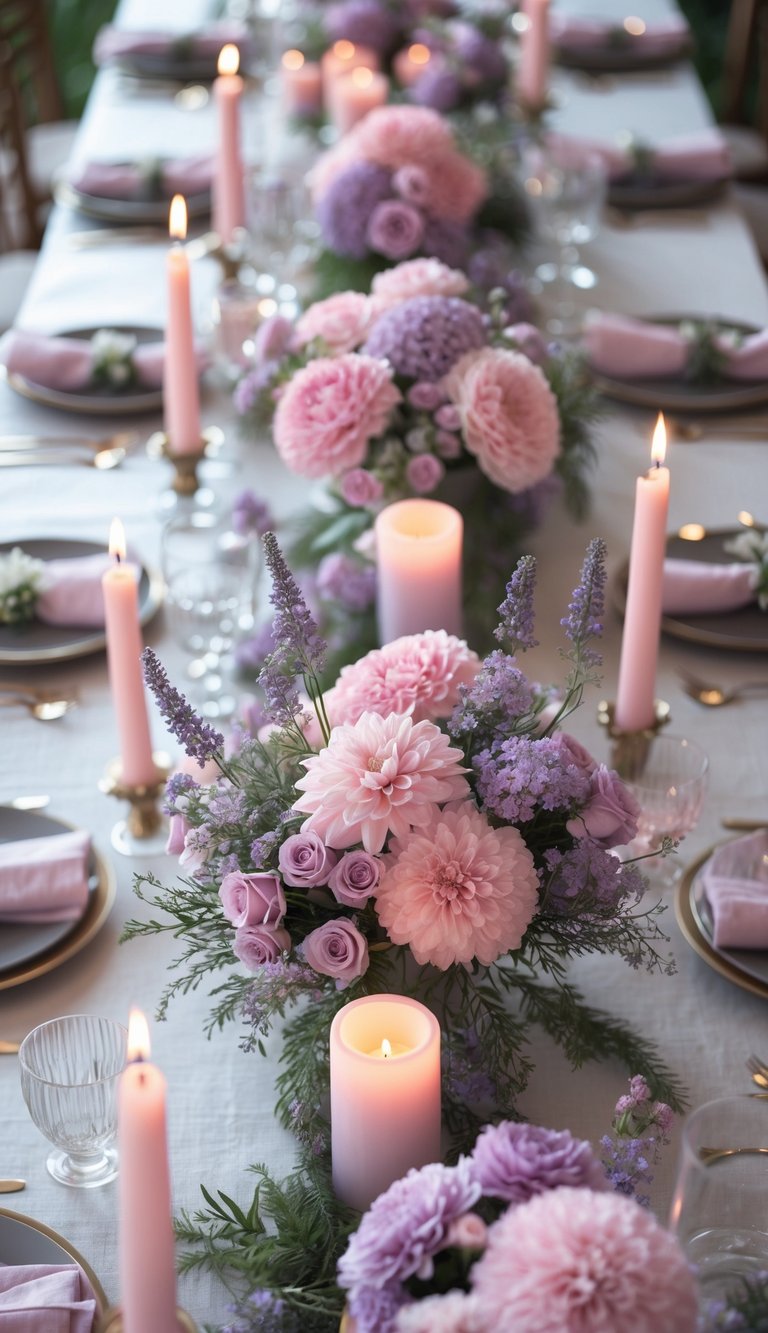 A full view of a table set with pink and lavender floral centerpieces, candles, and tableware, arranged for an event or holiday.