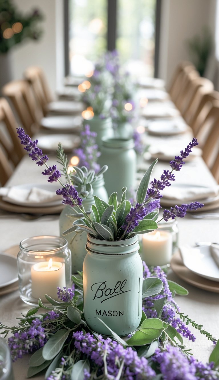 A full view of a table decorated with lavender and sage painted mason jars filled with flowers, surrounded by candles and floral arrangements.