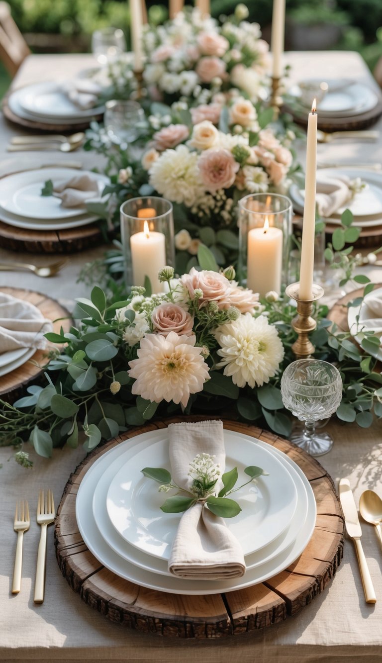 A garden table set with wooden chargers, white plates, floral centerpieces, and candles under natural light.
