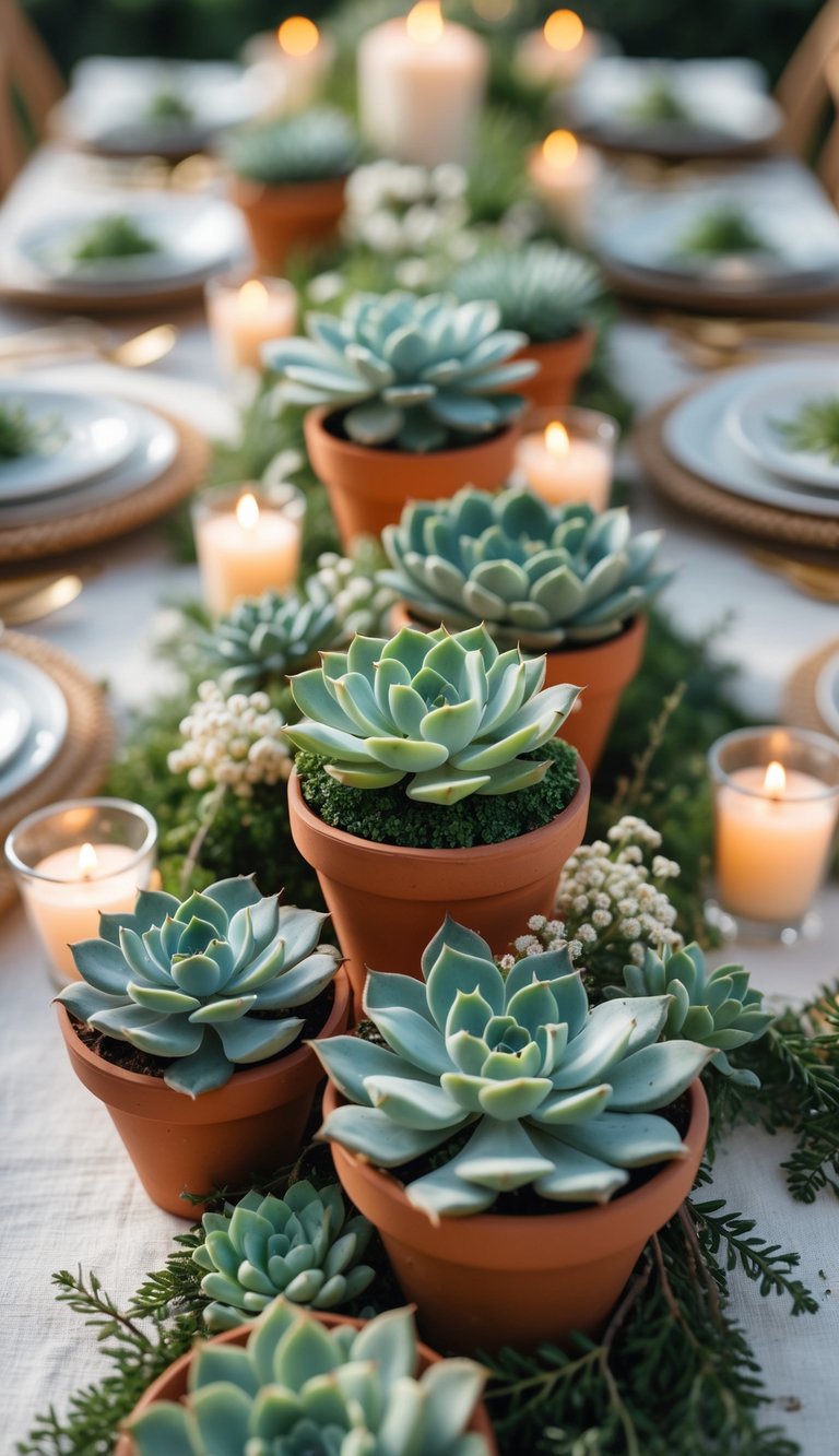 A garden table set with mini terra cotta pots holding succulent centerpieces, surrounded by candles and flowers.
