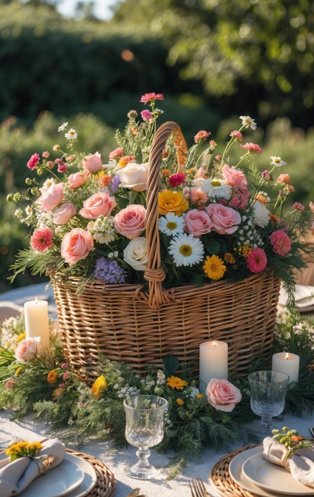 A wicker basket filled with assorted fresh flowers sits on an outdoor table, surrounded by candles, greenery, and table settings.