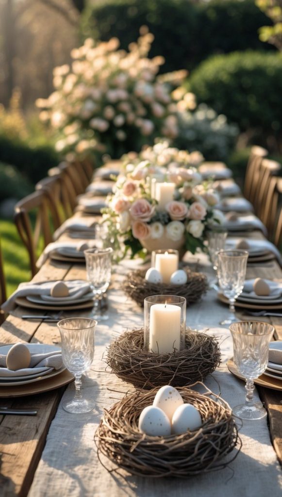 A long outdoor table set for a meal with plates, glasses, eggs in nests, candles, and a floral centerpiece, surrounded by chairs and greenery.