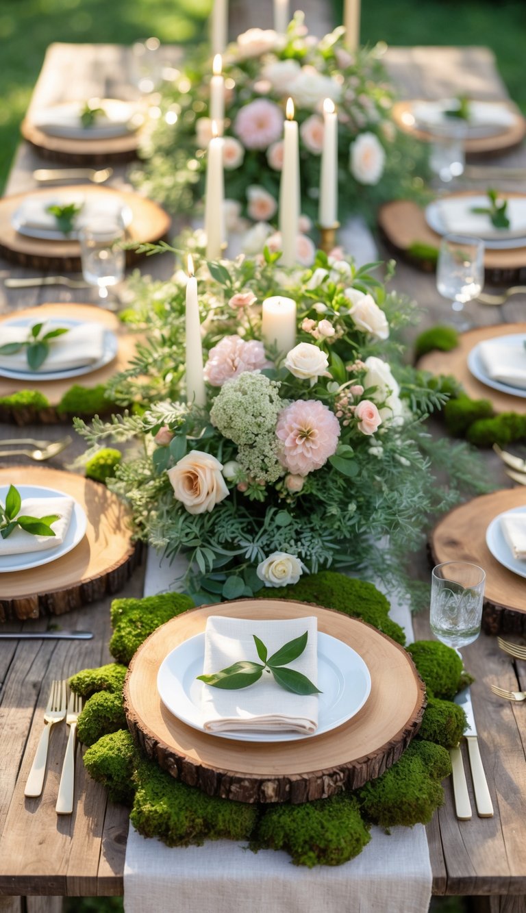 A garden table set with wooden chargers accented by moss, surrounded by flowers and candles on a rustic wooden surface.