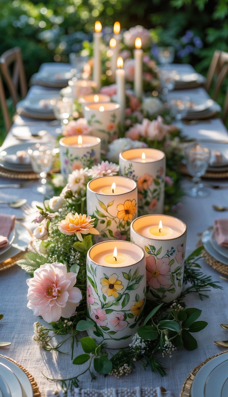 A garden table set outdoors with hand-painted floral ceramic tea light holders, surrounded by fresh flowers, candles, and tableware.