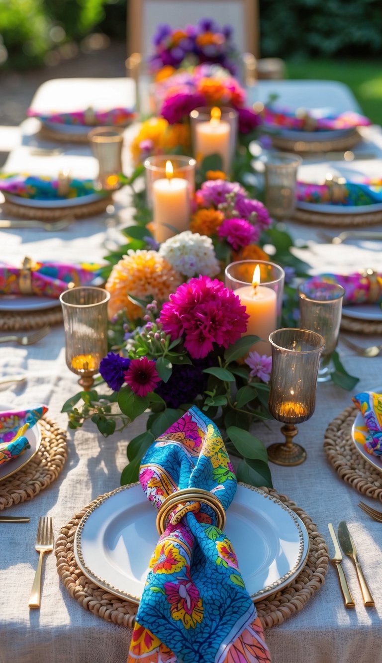A garden table set outdoors with colorful patterned napkins, floral centerpieces, and lit candles.
