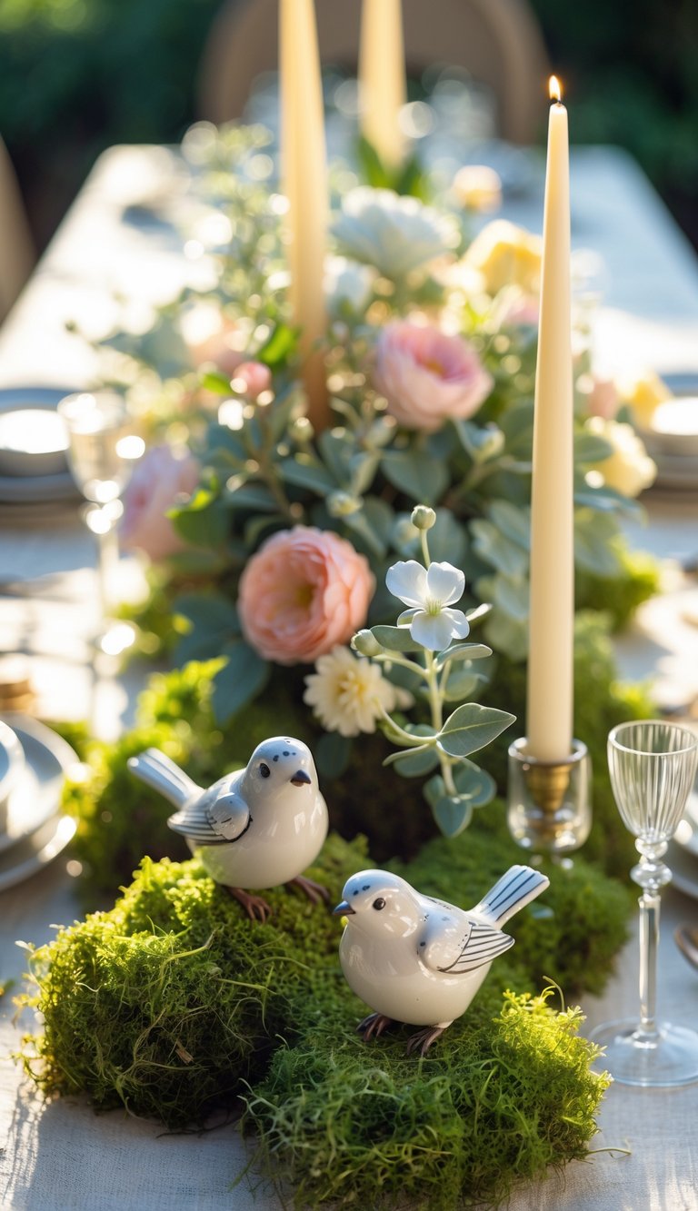 A garden table set with small porcelain bird figurines nestled in moss, surrounded by flowers and candles, lit by natural sunlight.