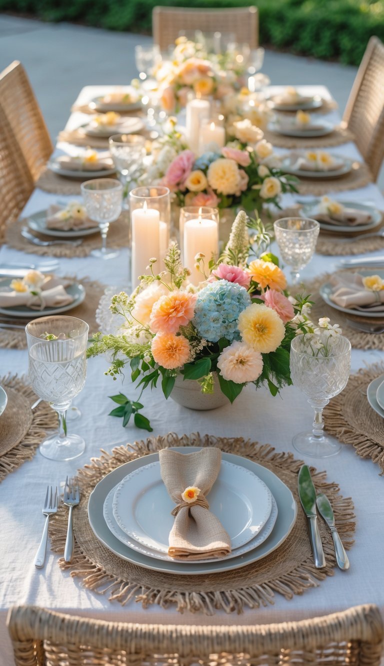 A summer dinner party table set with natural jute placemats, floral centerpieces, candles, and dinnerware arranged outdoors in natural light.