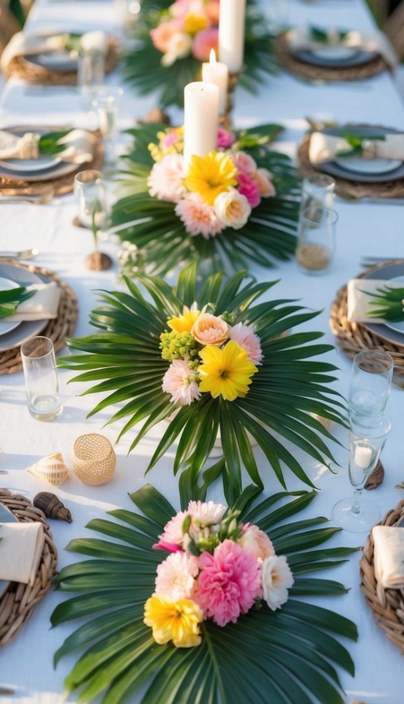 A long outdoor dining table decorated with palm leaves, colorful flowers, white candles, and neatly set plates with napkins and glassware.