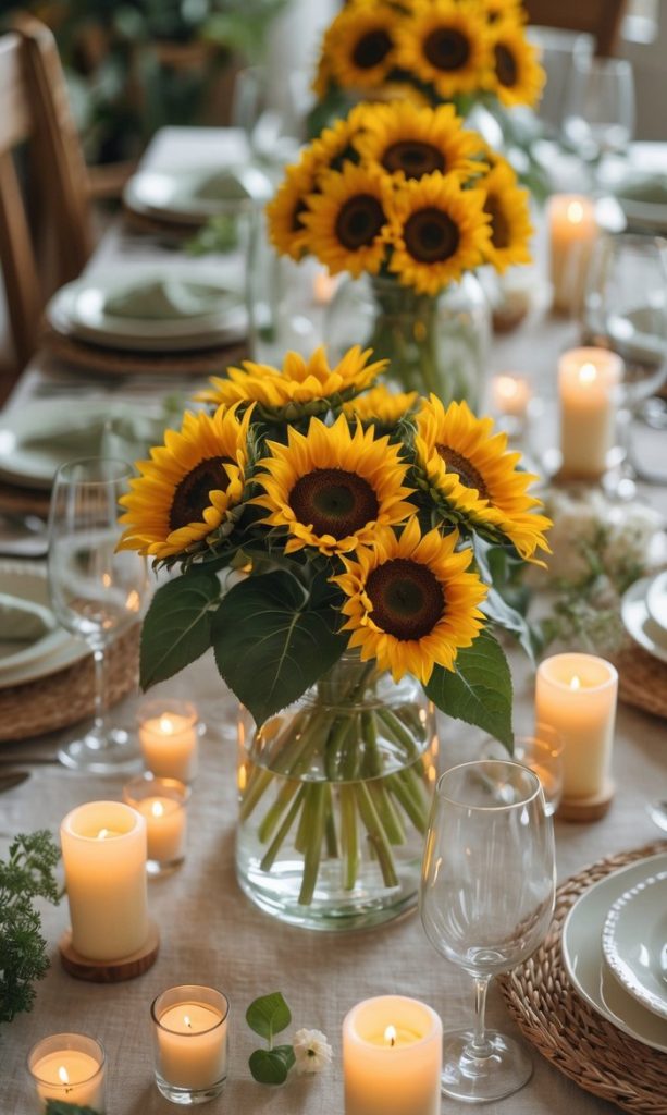 A dining table set with plates and glasses is decorated with vases of sunflowers and lit candles, creating an inviting and elegant atmosphere.