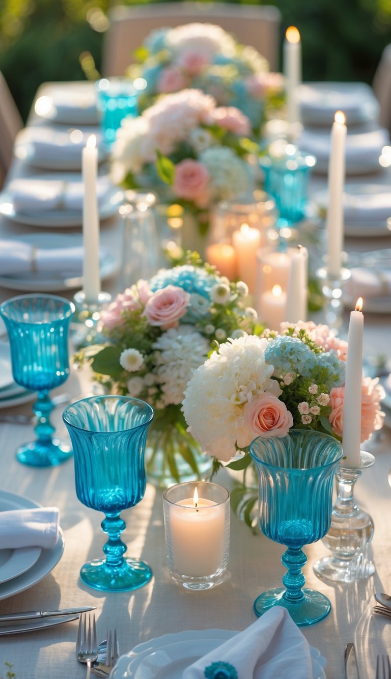 A summer dinner table set with Tiffany blue glass goblets, white plates, candles, and floral centerpieces under natural light.