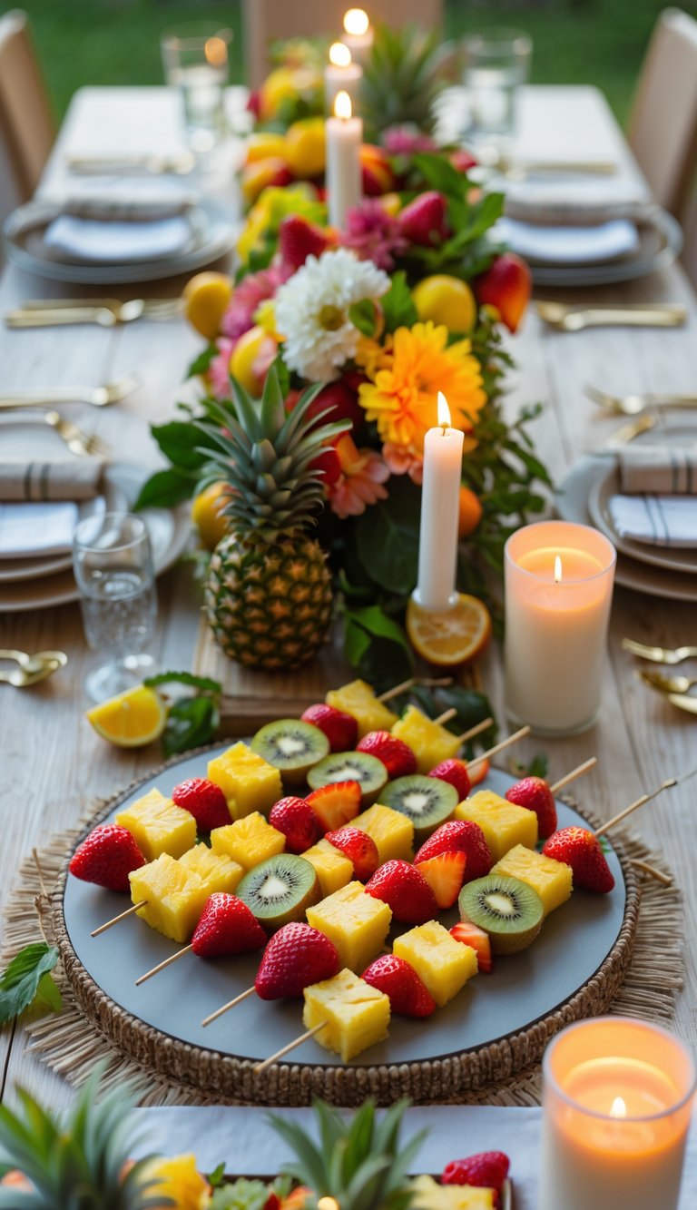 A summer dinner table set with colorful fruit skewers of pineapple, strawberry, and kiwi, surrounded by flowers and candles.