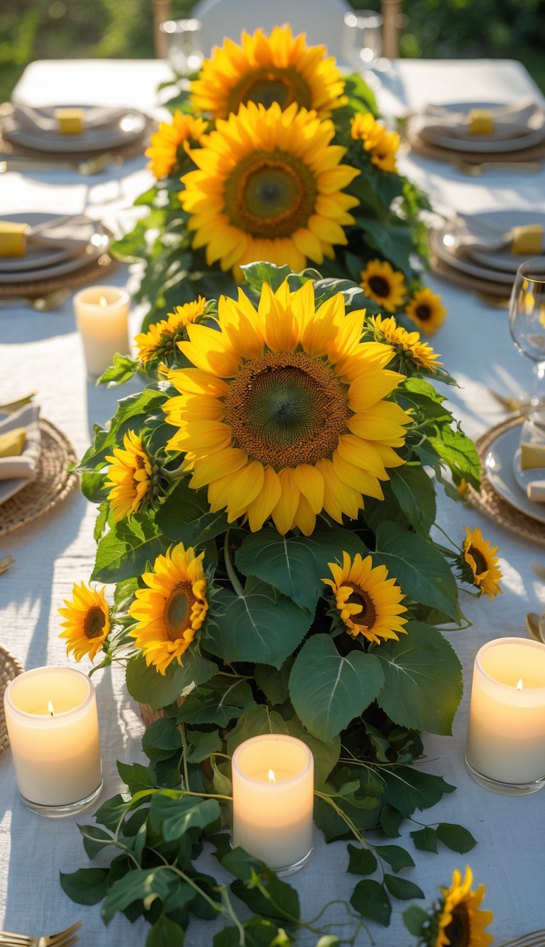 A summer dinner table set with a bright sunflower centerpiece, candles, plates, and glassware under natural light.