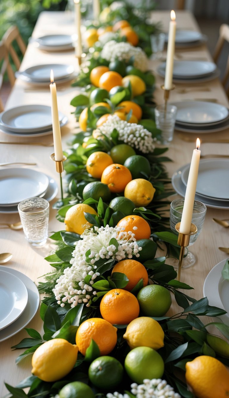 A summer dinner table with a citrus fruit garland centerpiece, candles, white flowers, and neatly arranged plates and glasses.