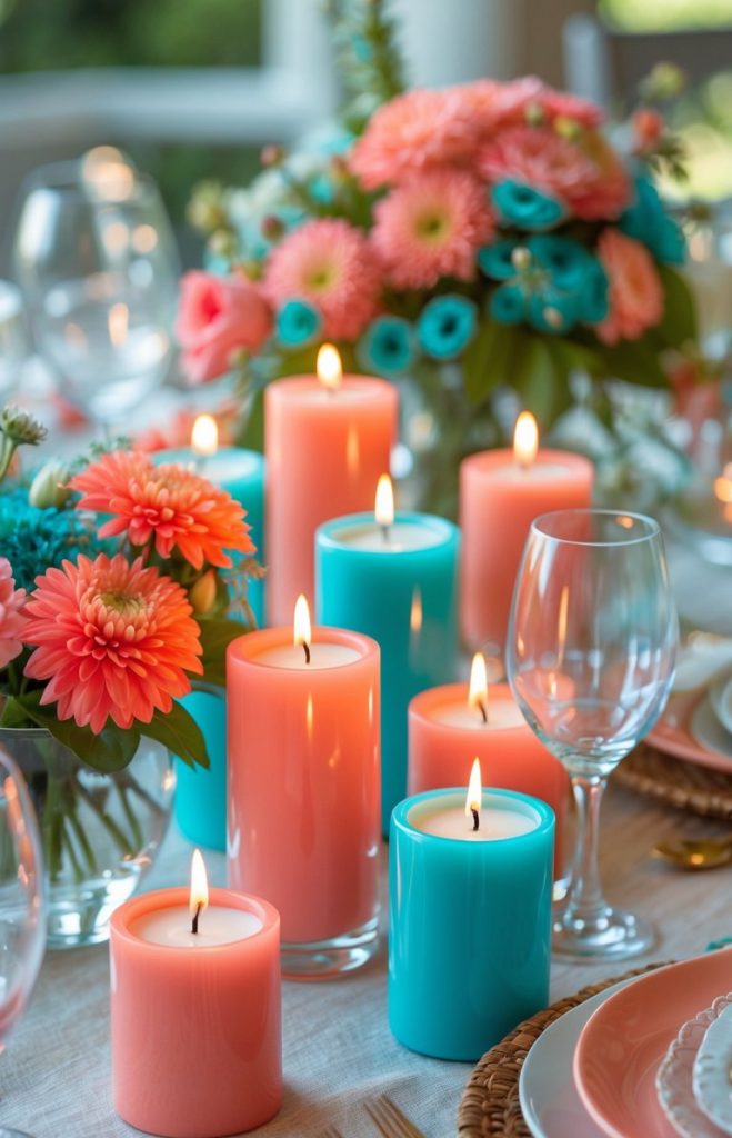 A table set with blue and pink candles, glassware, plates, and floral centerpieces featuring orange and blue flowers.