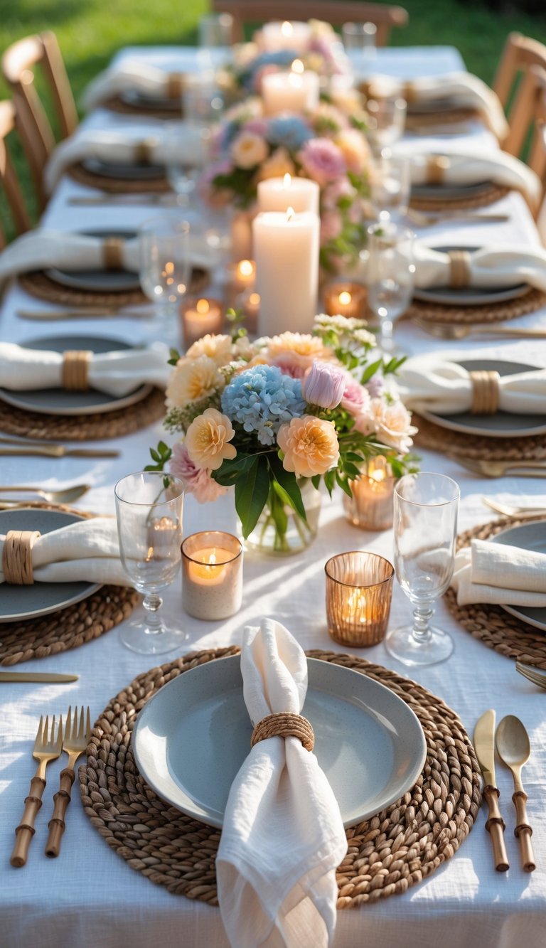 A summer dinner table set outdoors with bamboo cutlery, floral centerpieces, candles, and plates arranged neatly for a party.