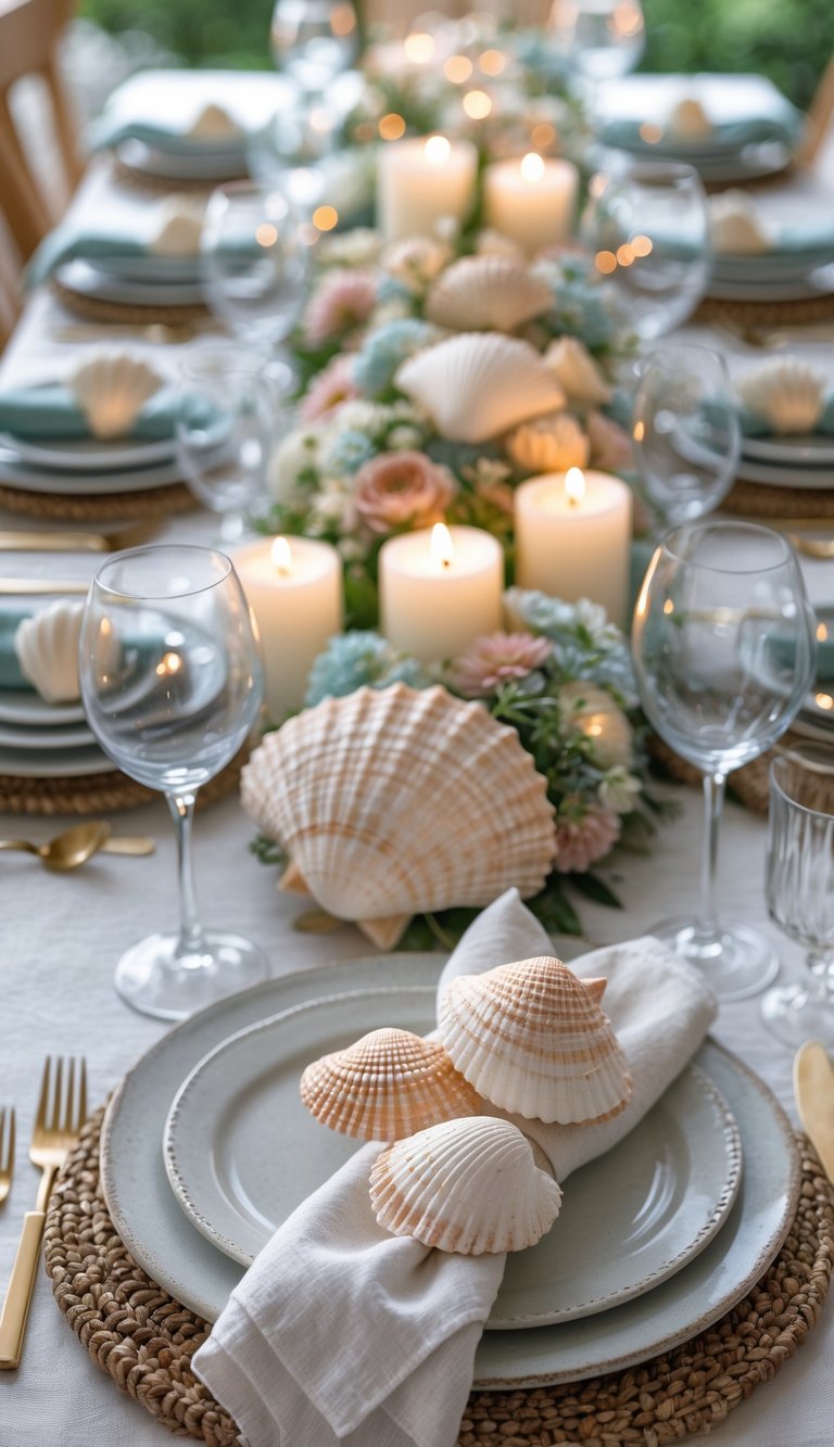 A summer dinner table set with seashell napkin weights, floral centerpieces, and lit candles under natural daylight.