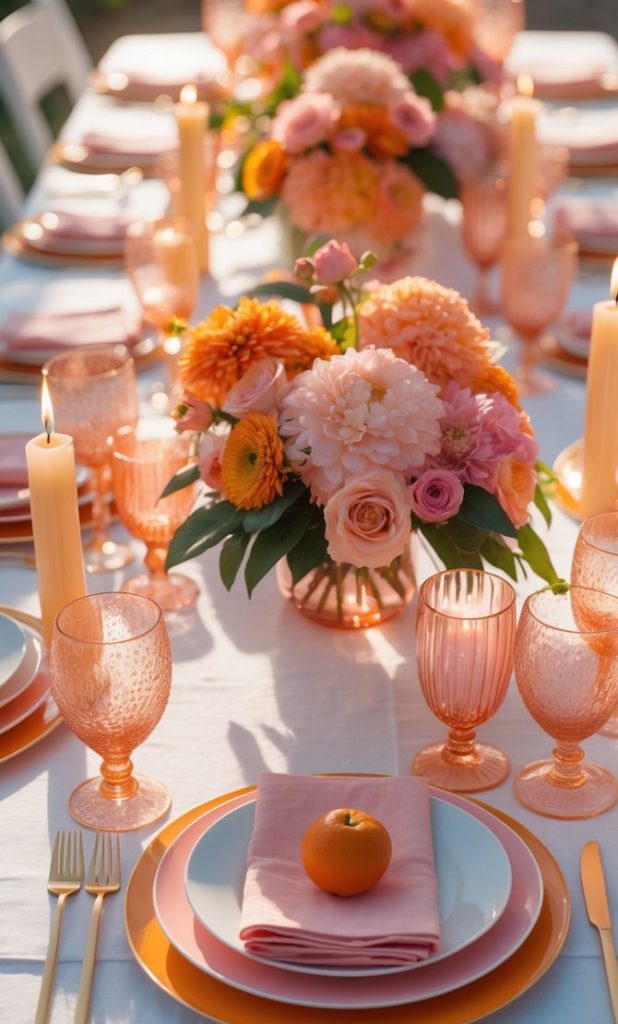 A long outdoor dining table set with pink and orange plates, napkins, glassware, candles, floral centerpieces, and a small orange fruit on each plate.