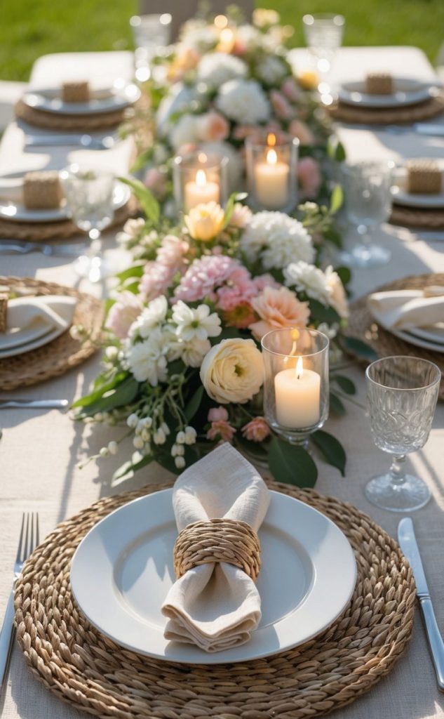 Outdoor table setting with woven placemats, white plates, cloth napkins, glassware, floral centerpiece, and lit candles on a beige tablecloth.