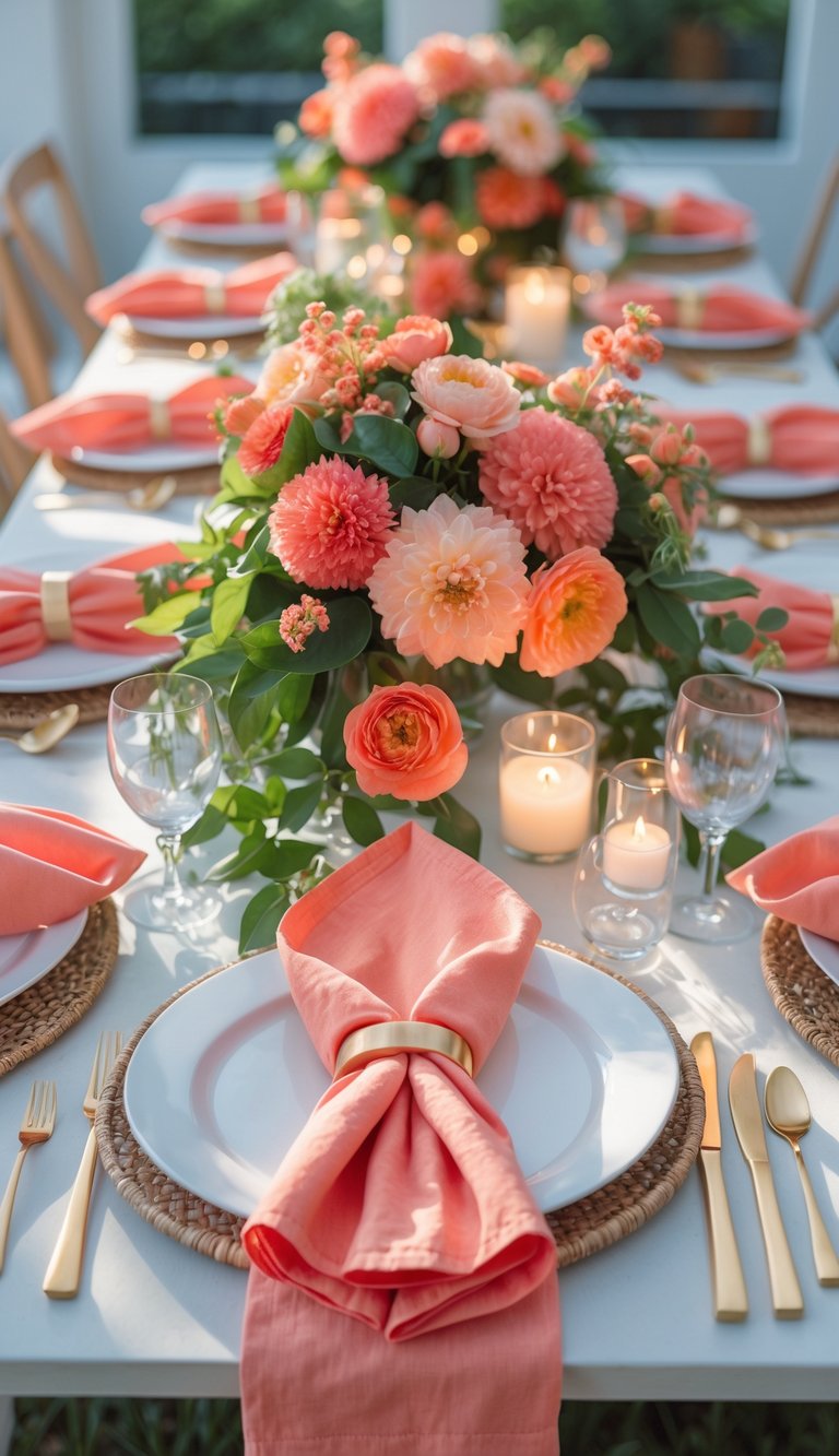 A summer dinner party table set with bright coral napkins, floral centerpieces, and candles, viewed from above.