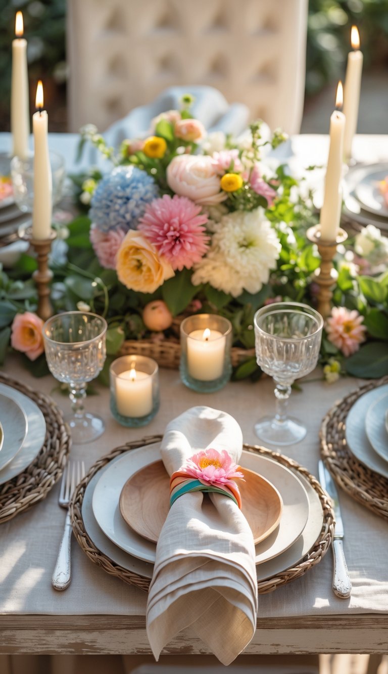 A summer dinner table set with handmade paper napkin rings, fresh flowers, candles, plates, and glassware, illuminated by natural light.