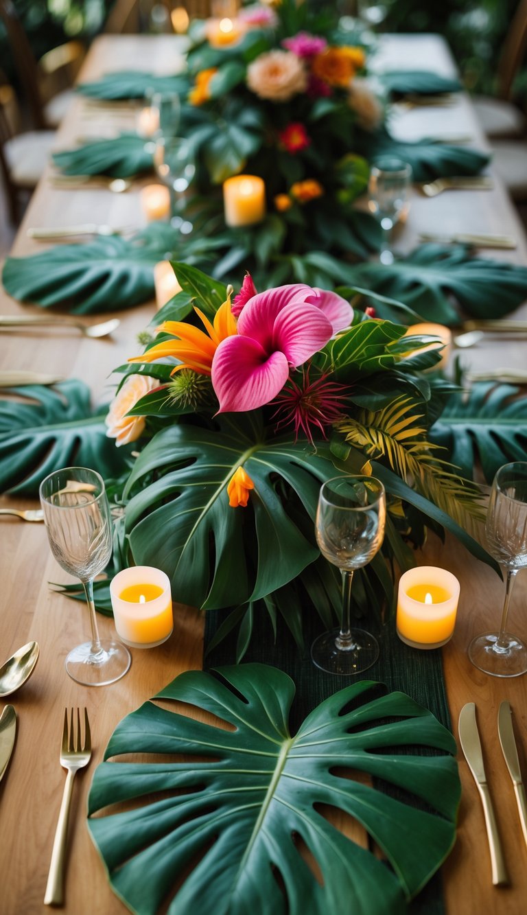 A dining table set with green monstera leaf placemats, tropical flowers, candles, and elegant tableware arranged for a festive event.
