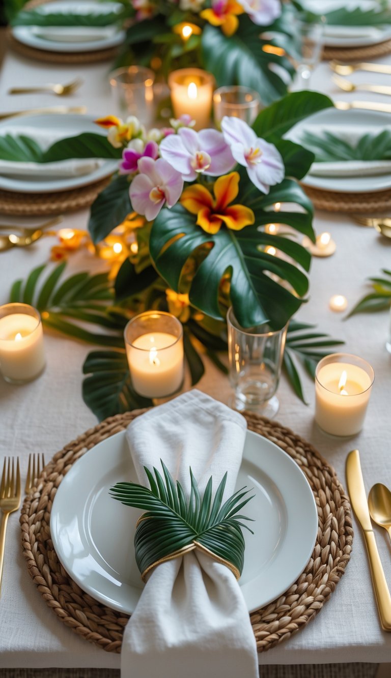 A tropical-themed dining table set with palm frond napkin rings, white napkins, floral centerpieces, candles, and natural decorative elements.
