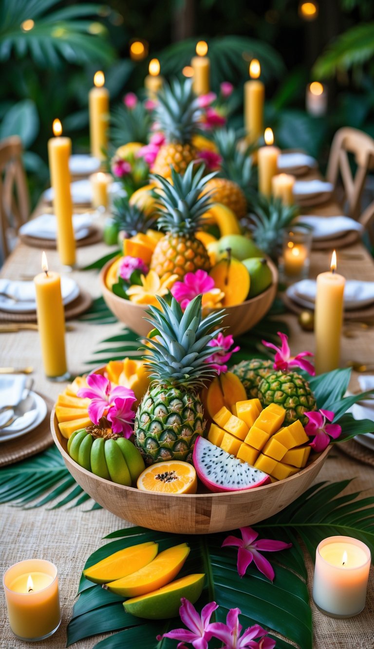 A full view of a table set for an event with a colorful tropical fruit bowl centerpiece surrounded by candles and tropical flowers.