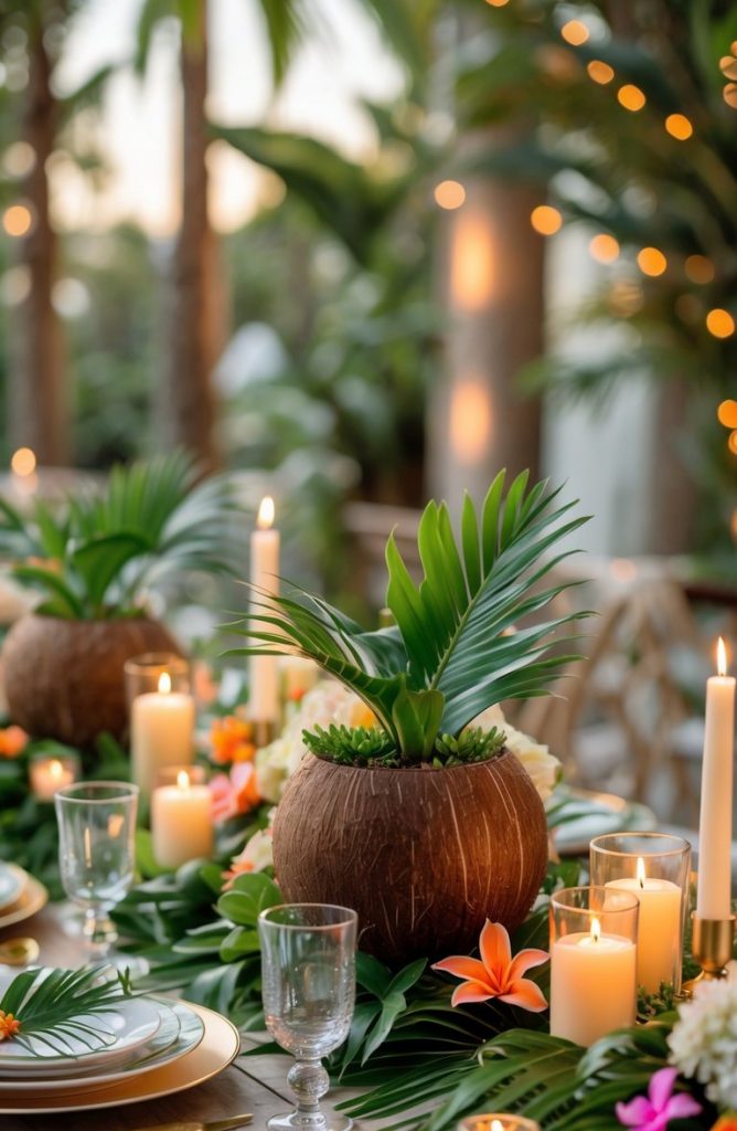 A tropical-themed table setting with coconut centerpieces, palm leaves, candles, flowers, and glassware, set outdoors with warm string lights and palm trees in the background.