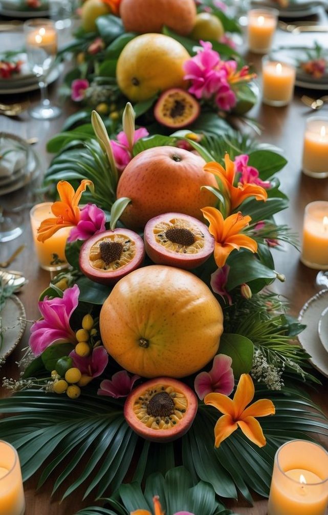 A dining table decorated with tropical fruits, flowers, candles, and green leaves, set for a meal with plates, cutlery, and glasses.