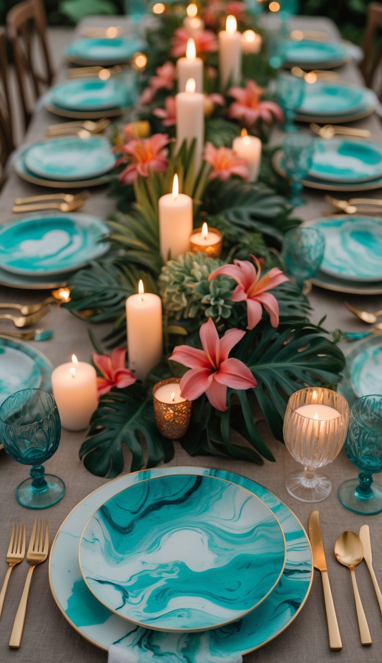 A tropical tablescape featuring marbled turquoise dinner plates, tropical flowers, candles, and glassware arranged on a fully set dining table.