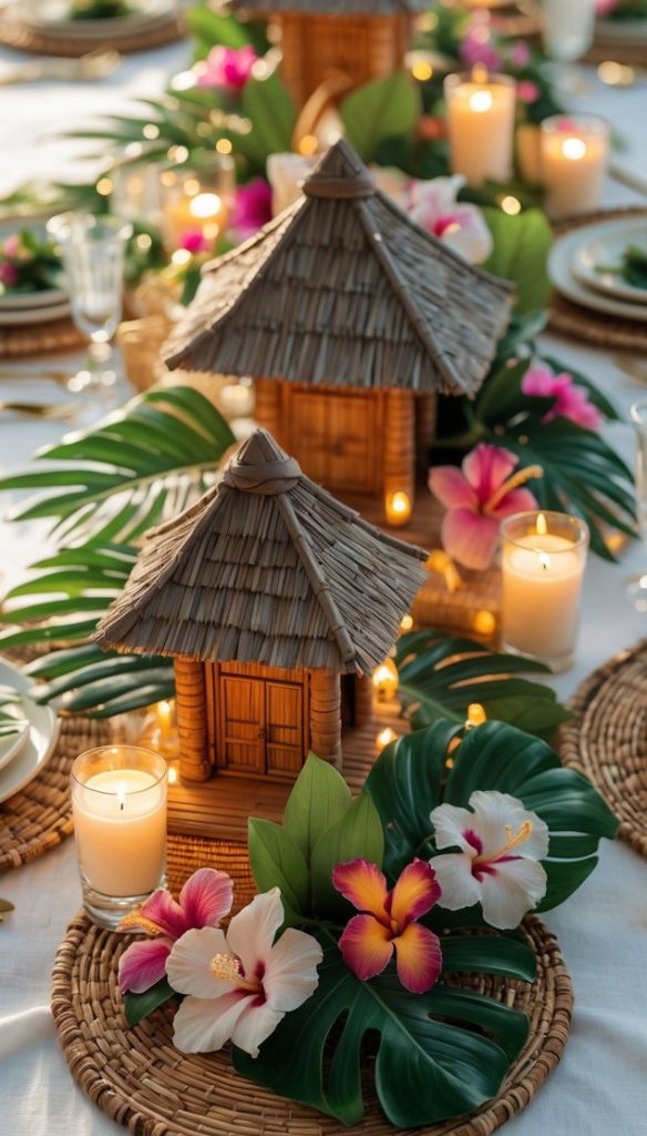 A table set for a tropical-themed meal with woven placemats, candles, miniature thatched huts, green leaves, and colorful flowers as decorations.
