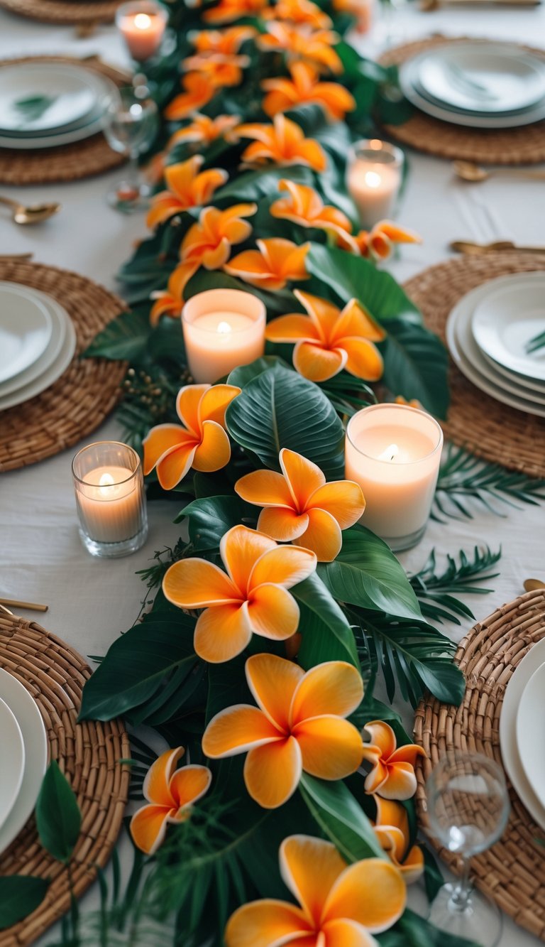 A tropical event table set with bright orange plumeria flowers, candles, and natural decor, viewed from above showing the full table arrangement.