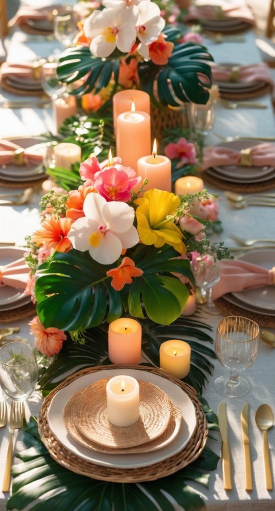 A long dining table is set with tropical flowers, candles, gold cutlery, woven placemats, and pink napkins, creating an elegant and colorful centerpiece arrangement.