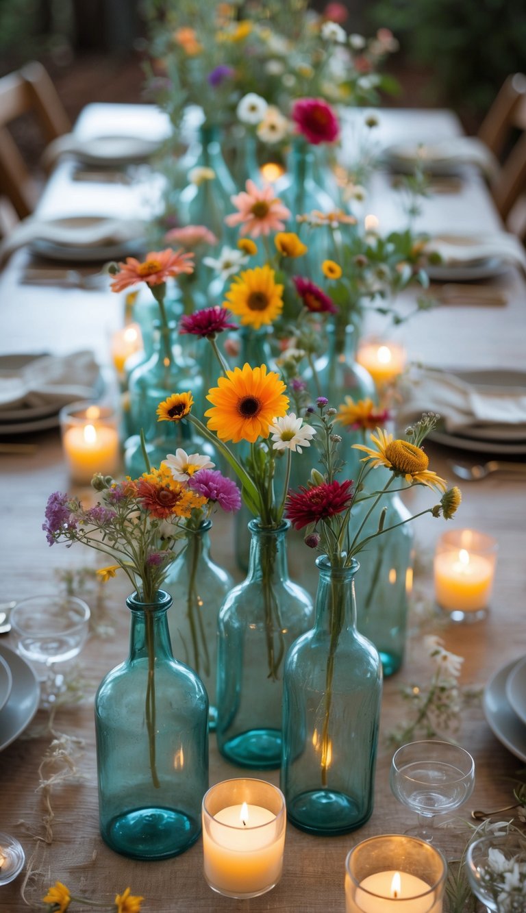 A table set with vintage glass bottles filled with wildflowers and candles arranged along the center.