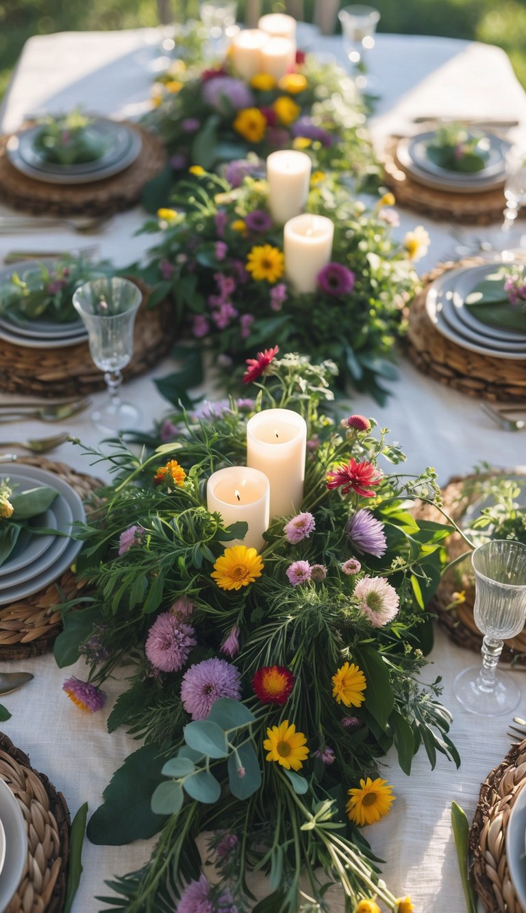 A full view of a table decorated with wildflowers, greenery, candles, and tableware arranged for a festive event.