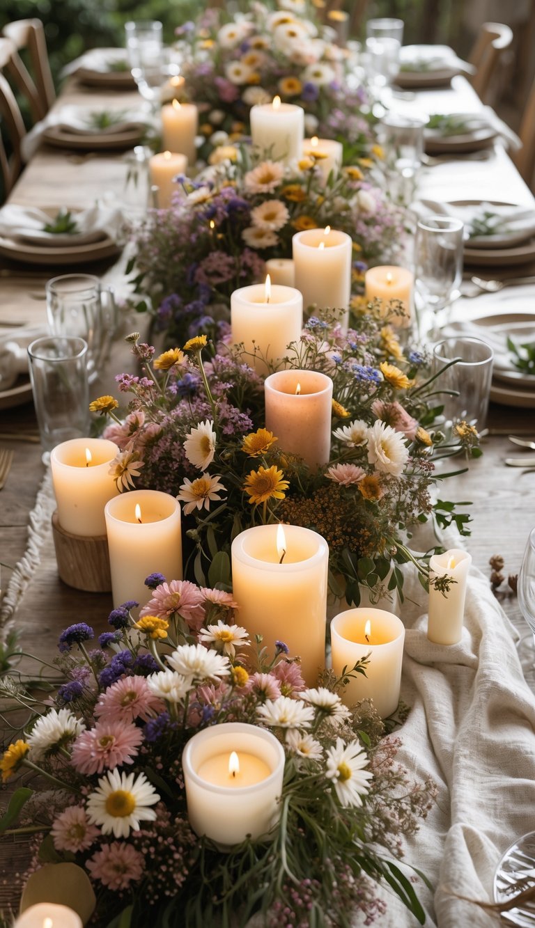 A full table set with wildflower centerpieces surrounded by lit candles, natural light illuminating the scene.