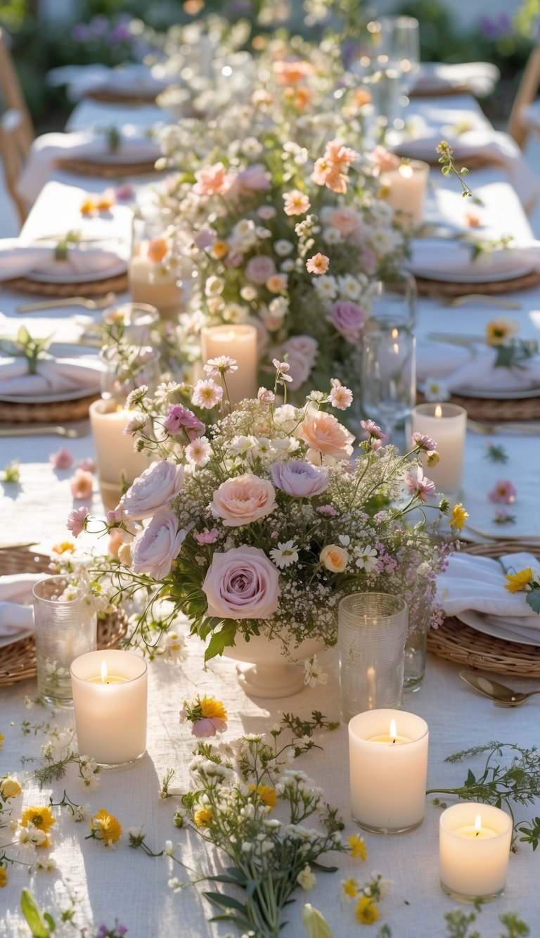 A beautifully set table with wildflower centerpieces, candles, and natural light creating a warm and inviting atmosphere.