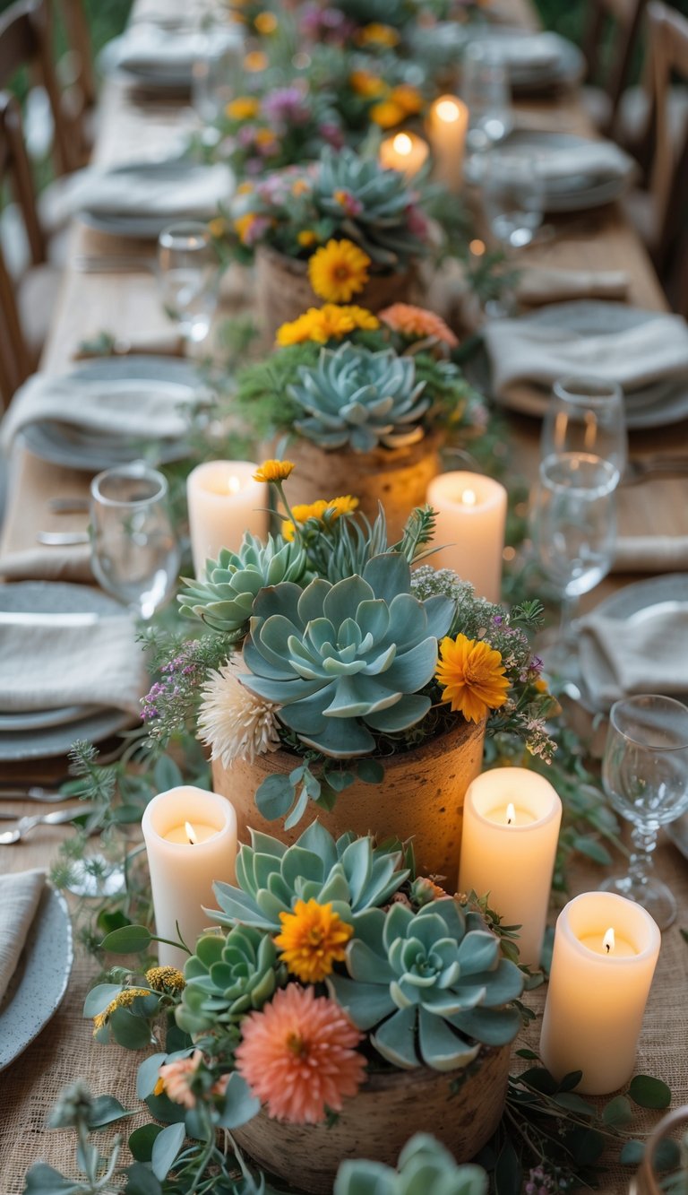 A full view of a table set with wildflower and succulent centerpieces, candles, plates, and glassware, illuminated by natural light.