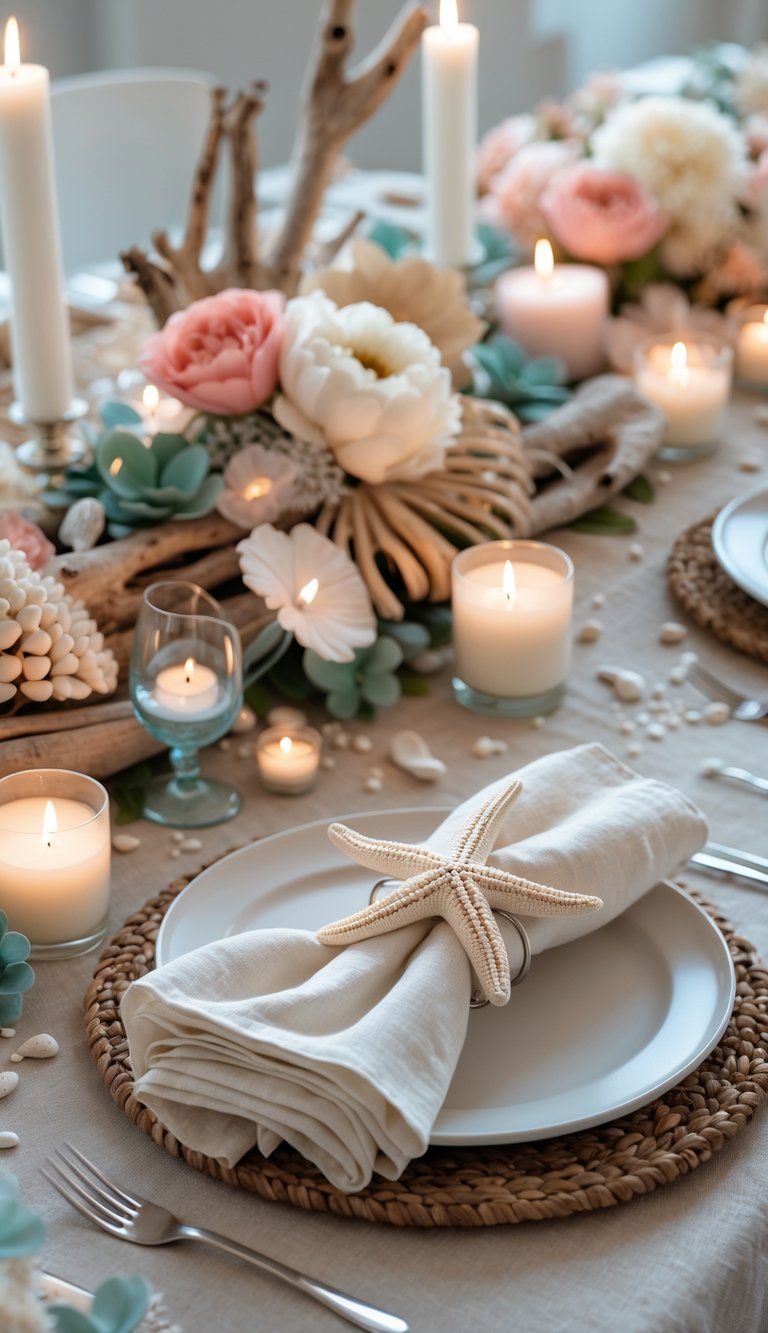 A coastal-themed dining table set with starfish napkin rings, floral centerpieces, candles, and natural decorative elements.