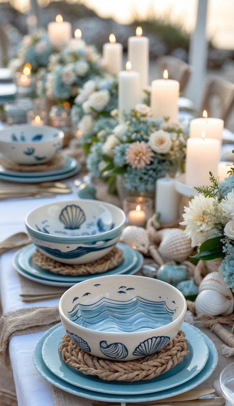 A beautifully arranged coastal-themed table with ceramic bowls, floral centerpieces, candles, and natural decorations set outdoors in daylight.