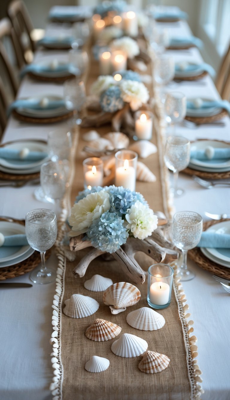 A coastal-themed table set with a burlap runner trimmed with seashells, white and blue flowers, candles, and tableware arranged neatly for an event.