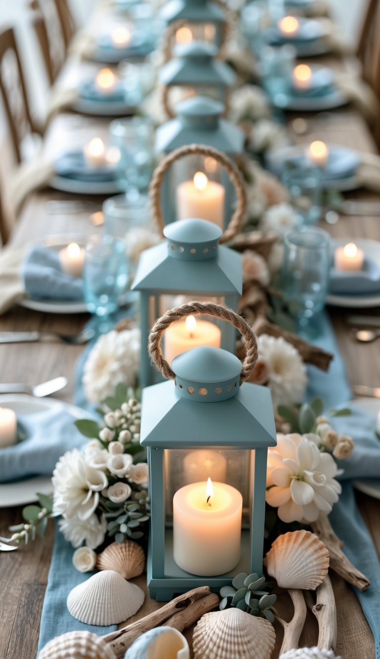 A coastal-themed table set with mini lanterns with rope handles, candles, and floral arrangements, arranged on a decorated table.