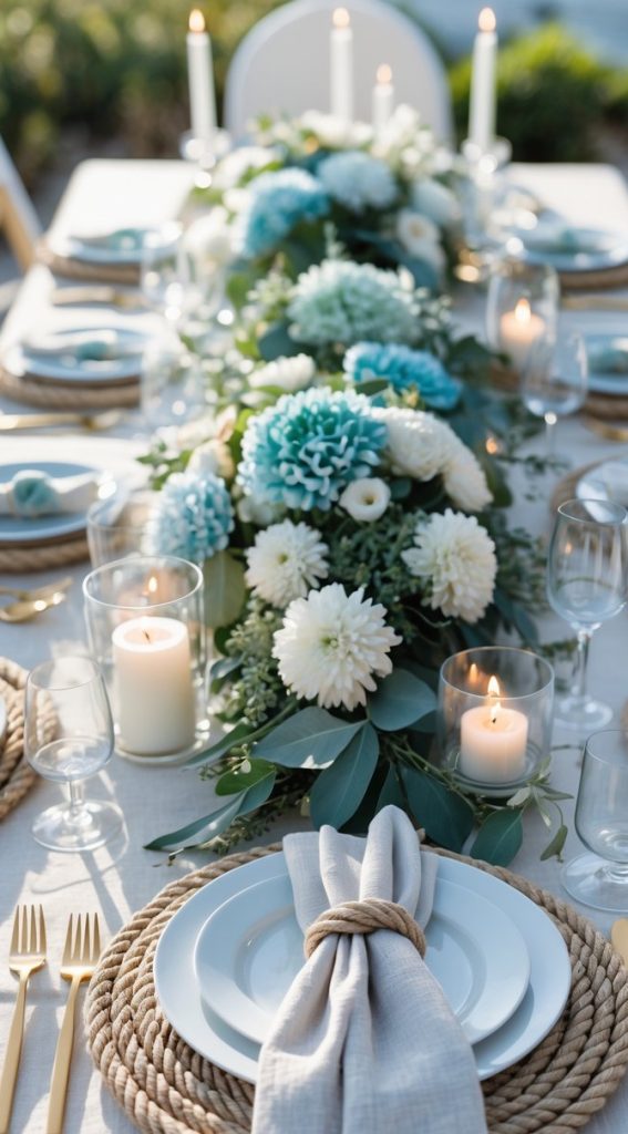 A formal table setting with white plates, knotted napkins, candles, and a floral centerpiece featuring white and blue flowers on a white tablecloth.